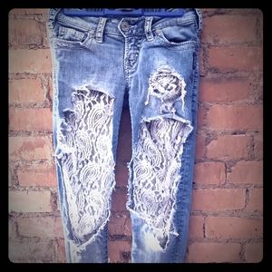 Silver Skinny Jeans with white lace